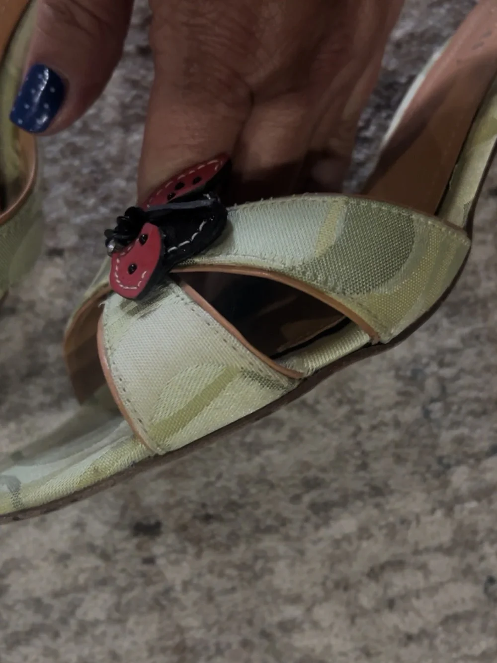 Coach Open-Toe Heels with Red Ladybug Accent kitten heels